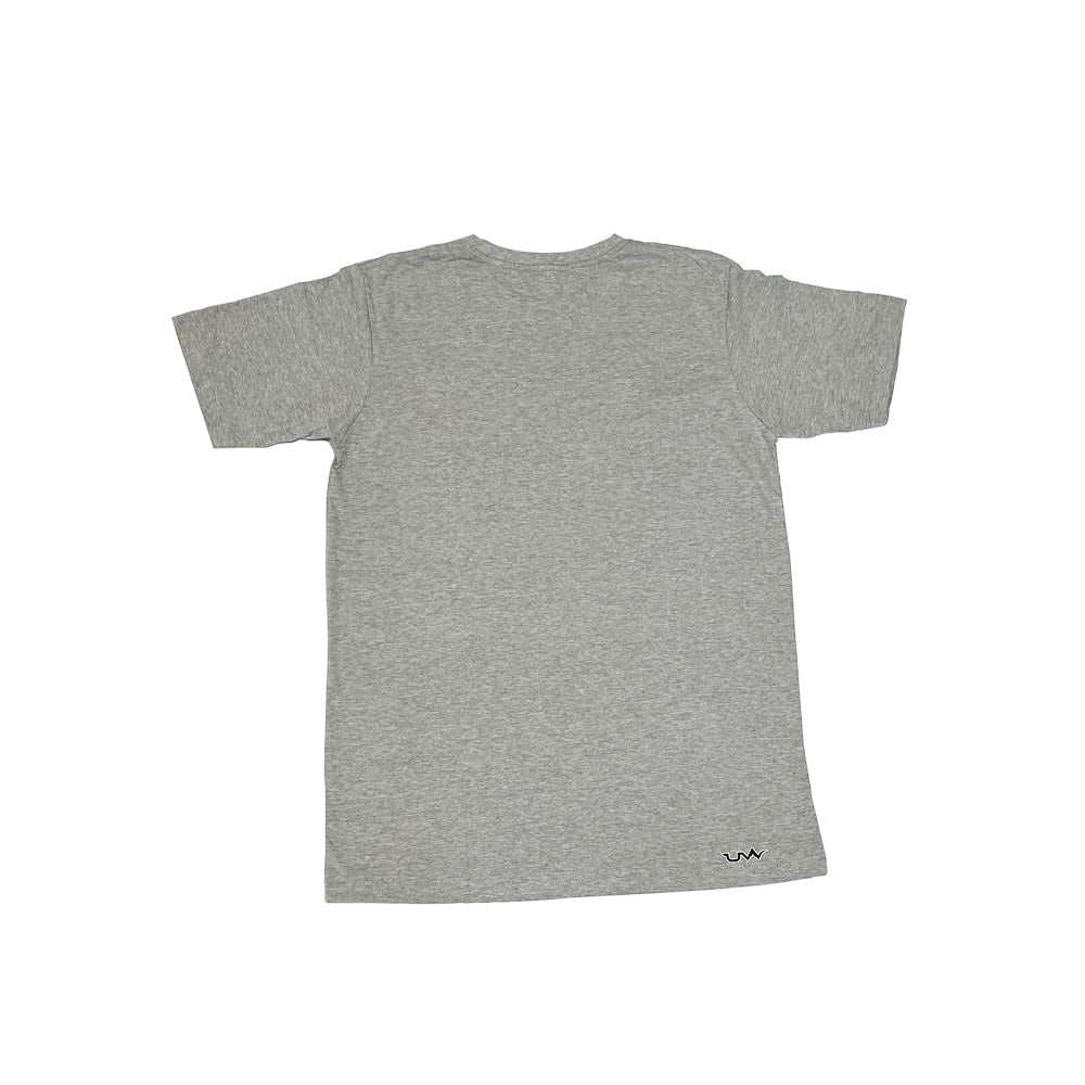 short sleeve t shirt, grey logo outline