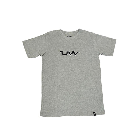 short sleeve t shirt, grey logo outline